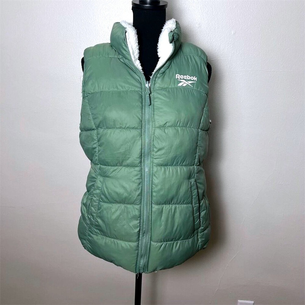 Reebok Reversible Puffer Vest Medium Green White Sherpa Fleece Quilted Zip Up